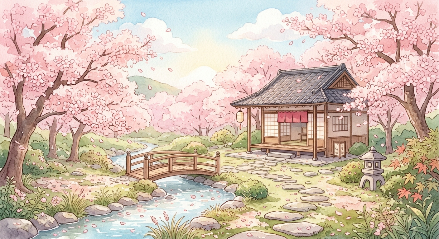 桜並木の水彩画イラスト